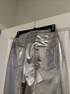 Fendi Silver Metallic Logo Back-Pocket Jeans
